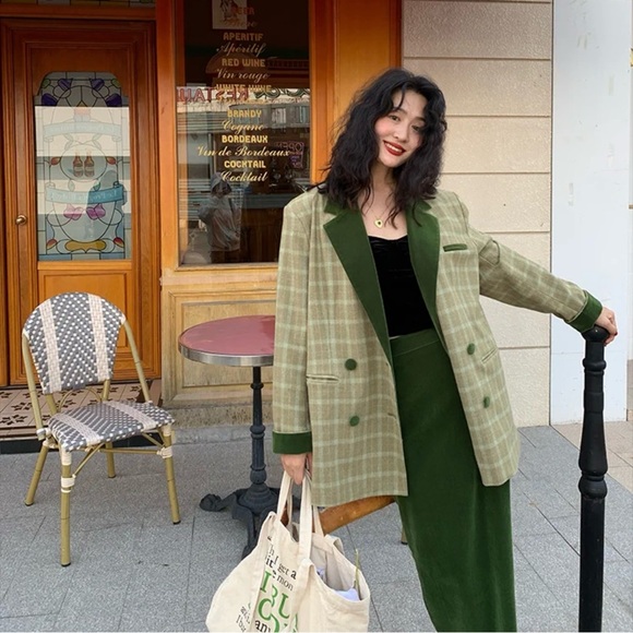 BNWT Two-Tone Plaid Wool Blend Blazer w/ Shoulder Pads, Parisian, Vintage, Sz M - Picture 1 of 16